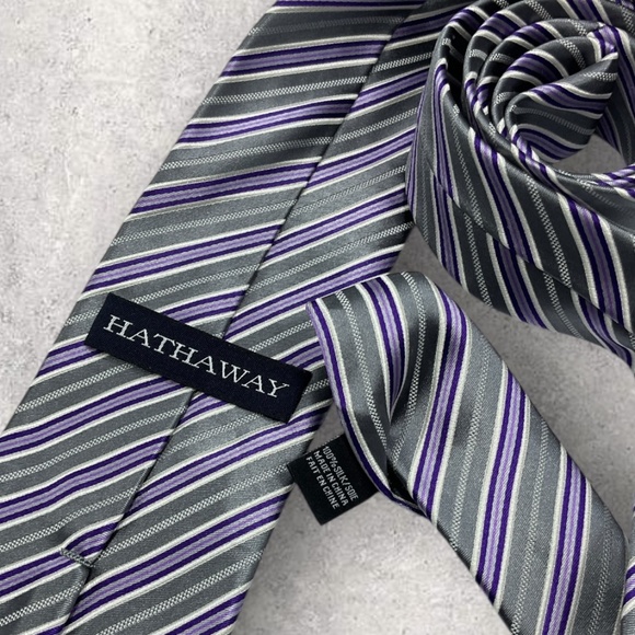 HATHAWAY Gray/Purple Striped Silk LUXURY Tie - Picture 3 of 5